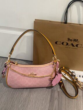 Coach Gold Powder Pink Teri Shoulder Bag Signature with Charms CEA20